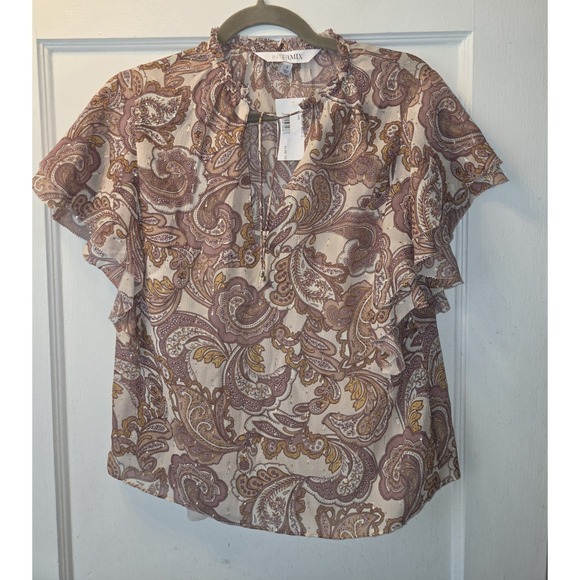 INTERMIX Tops - NWT Intermix Carolina Silk Chiffon Ruffle Blouse Paisley Gold Metallic Thread. S